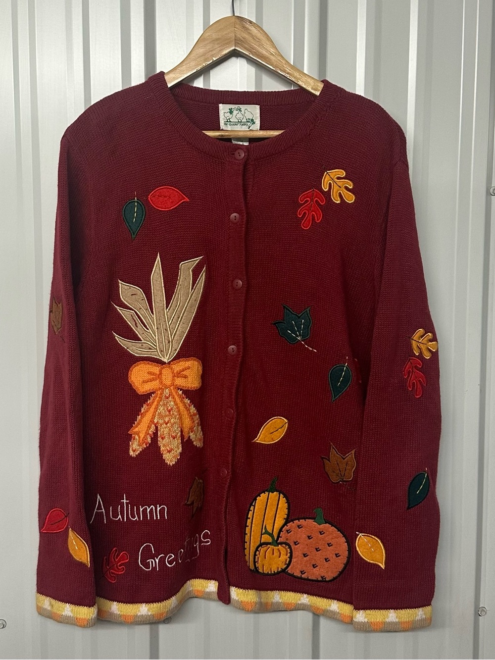 Vintage Autumn Appliqué Knit Cardigan Sweater Cottagecore Harvest GrandmaCore